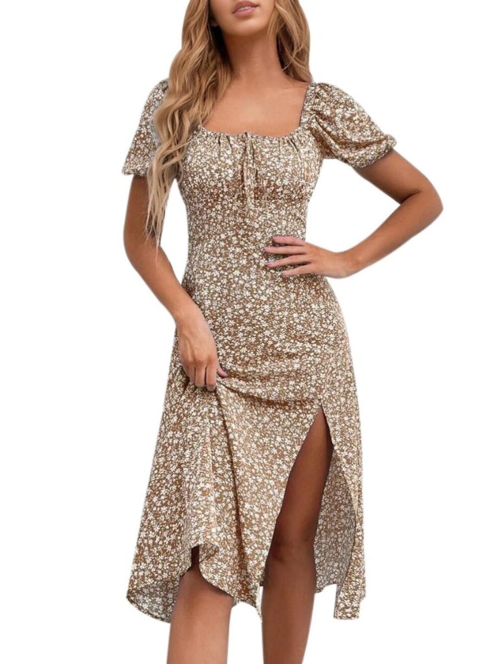 Women's Floral Summer Casual Dress Square Neck Puff Sleeve Boho Midi Dresses